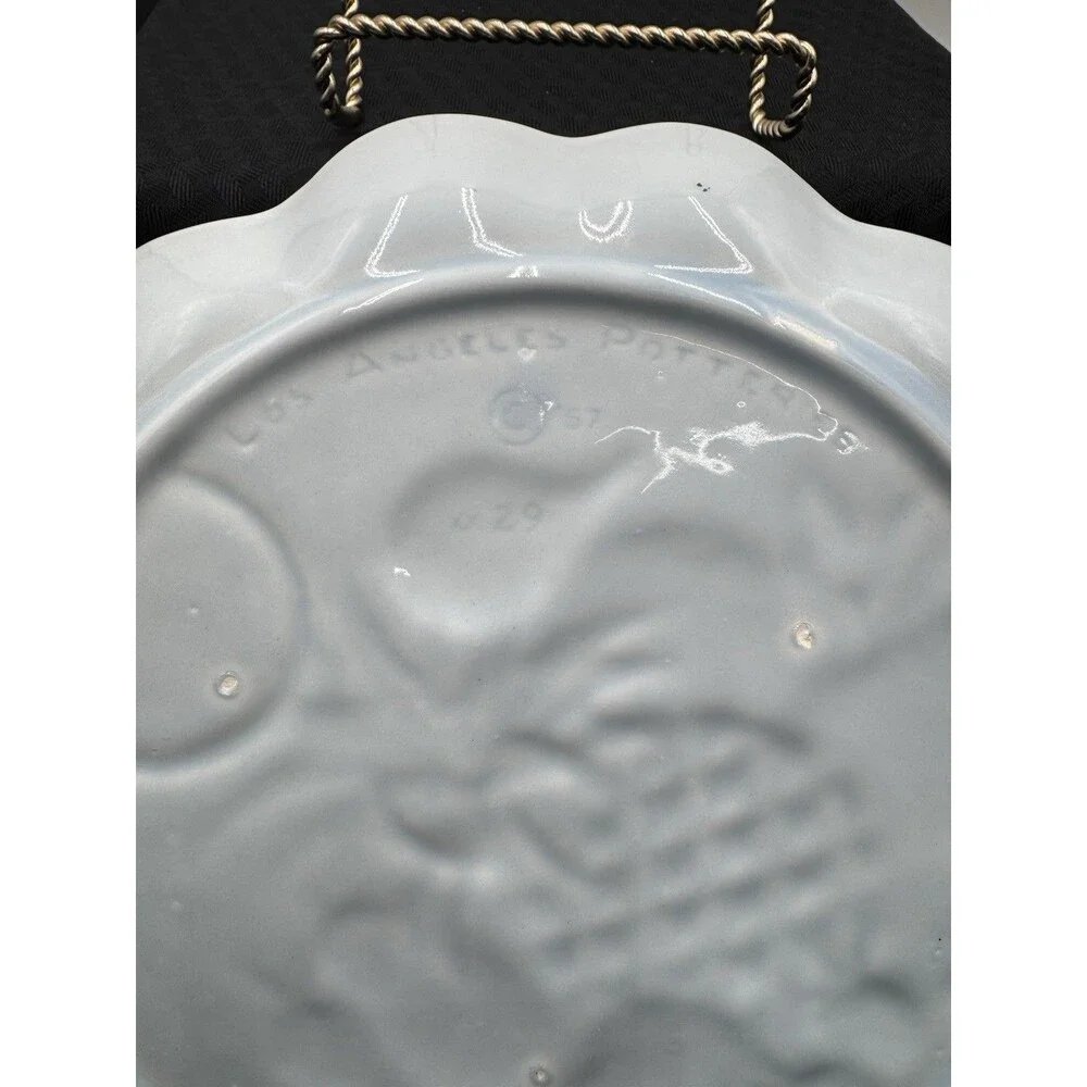 Los Angeles Potteries Serving Platter Attached Dip Bowl Green & Blue Vintage '67